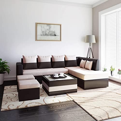 FURNY Marbo 8 Seater Fabric RHS Sectional L Shape Sofa Set with 1 Centre Table & 2 Ottomans (Cream-Brown) FURNY Marbo 8 Seater Fabric RHS Sectional L Shape Sofa Set with 1 Centre Table & 2 Ottomans (Cream-Brown)