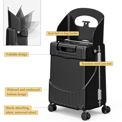 Hardshell Carry On Suitcase with Child Seat, Black Travel Luggage with Front Compartment & 4 Lockable Spinner Wheels, TSA Lock, USB Port, Luggage Cover, Safty Seatbelt (Front-Opening Black, 20 Inch)2