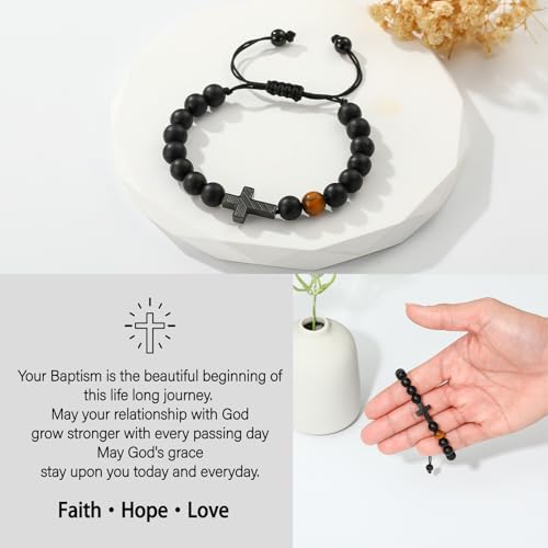 Image of P. BLAKE Cross Bracelet for Boys Men, American Flag Cross Natural Beads Bracelet Christian Religious Birthday Jewelry Gifts for Teen Boys