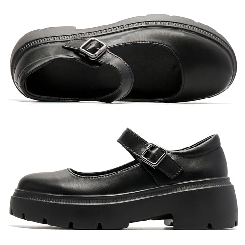 Ruiatoo Women's Mary Janes Shoes for Women Platform Low Heel Chunky Pumps Round Toe Oxford Dress Shoes Black 412