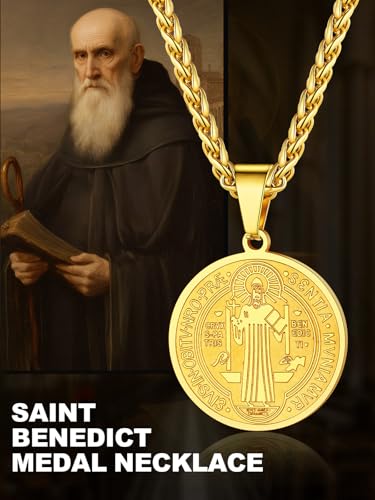 U7 Saint Benedict Necklace Protection Jewelry Religious Gift 18K Gold Plated Chain Christian Sacramental Medal Pendant Coin Necklace for Men Women
