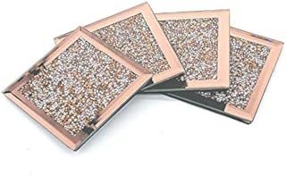 Set Of 4 Mirrored Rose Gold Crushed Crystal Diamond Filled Glass Coaster