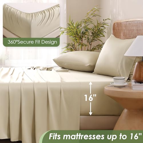 Image of MICORAL King Size Sheets Set, Rayon Derived from Bamboo Cooling Sheets for Hot Sleepers, Breathable & Soft, Deep Pocket Up to 16 Inches, Hotel Luxury Silky Bedding, Beige