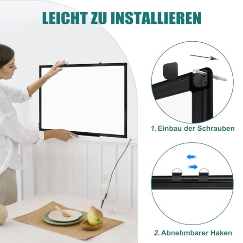 QUEENLINK Magnetisch Doppelseitiges Whiteboard, 45x60cm Magnettafel mit Schwarzer Aluminiumrahmen, Magnetwand White Board mit Stiftablage und Haken