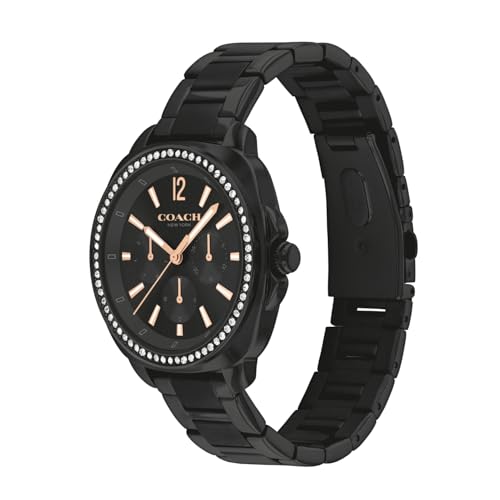 Image of Coach Kitt Qtz Multifunction Black Tonneau Dial Women's Watch|Ionic Plated Black Steel Material|Black Color Band - 14504396