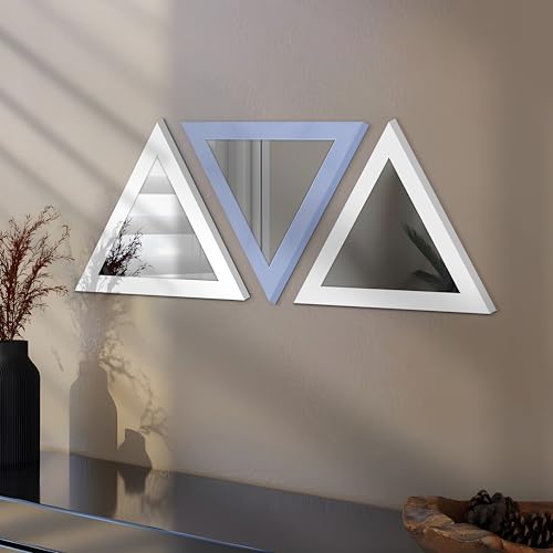 Image of Art Street Acrylic Triangle Decorative Wall Mirror Set of 3 Triangle Shape Mirror for Home Decoration, (9x9 Inch, White, Light Blue)