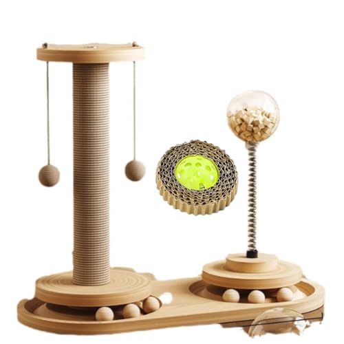 Carrusel de Madera para Gatos - Juguete Interactivo con Poste Rascador de Sisal, Bolas Giratorias y Resorte Dispensador de Premios - Centro de Actividades para Gatos