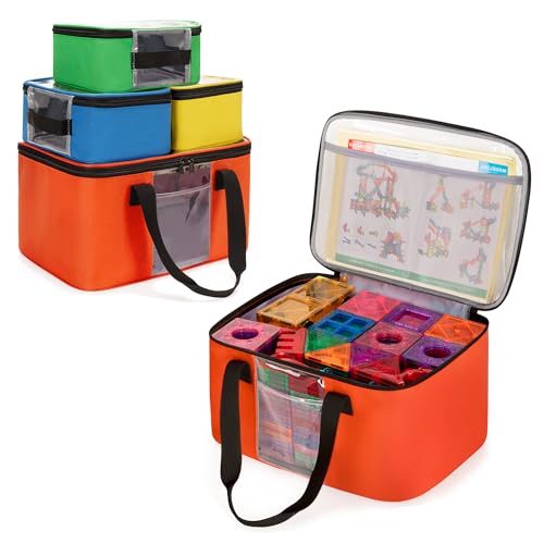Rexmica 4 Pack Magnetic Tiles Storage Bag, Multifunction Toy Storage Organizer Bag, Magnetic Tiles Travel Bag Case with Visible Top for Magnet Building Tiles, Board Game, Puzzle, Car Toy