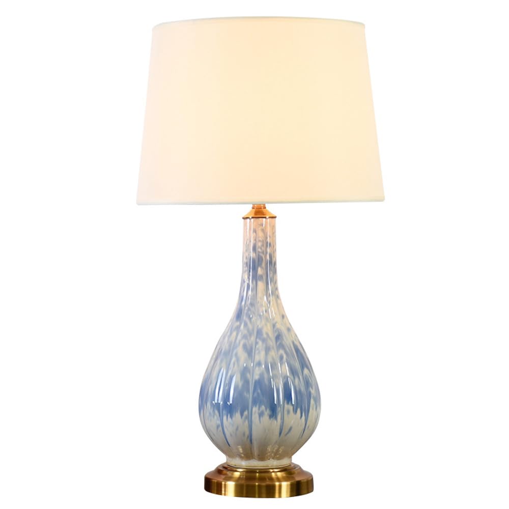 SANBDDLYY Ceramic Table Lamp - Traditional Chinoiserie Bedside Fabric Shade Blue and White Glazed Porcelain Nightstand for Living Room, Office, and Study