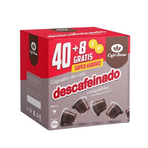 Cápsulas Nespresso Café DESCAFEINADO | 48 Cápsulas para Nespresso Compatibles CAFÉ SIENA | Cápsulas Aluminio Compatibles Nespresso DESCAFEINADO