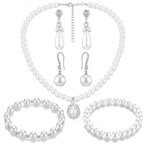 Image of Glenmal Pearl Rhinestone Jewelry Set for Women Pearl Necklace Bracelet Earrings for Wedding Halloween Bridal Shower Tea Party