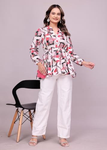 Image of NEW Women's Stylish Brown Polka Dot Crepe Fabric Tunic Top | Full Sleeves Collared Neck Peplum | Flared Fit Trendy Ladies Top