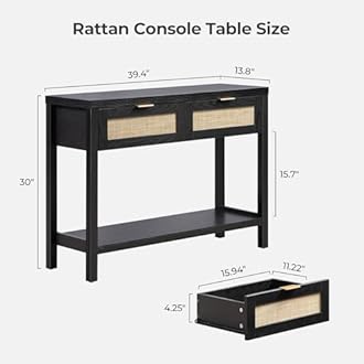 SICOTAS Black Console Table Set of 2 - Boho Entryway Table with Rattan Drawers, 2 Tier Shelf, Narrow Long Sofa Tables for Living Room, Entry Table for Hallway, Foyer