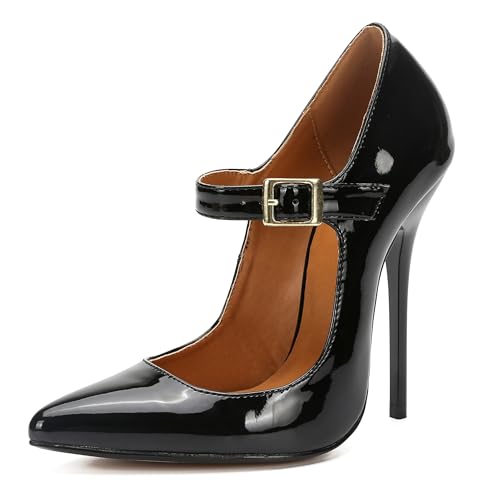 MAIERNISI JESSI Unisex Men's Women's Pointed Toe Stiletto High Heel Buckle up Pumps Patent Black EU46 - Size 13.5 Women/12 Men
