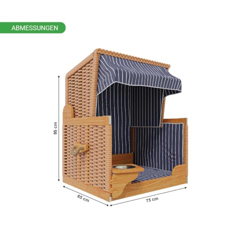 Woodtex Hundestrandkorb Kieferholz |Hundehütte inkl. Schützhülle schwenkbarer Wasser-/Futternapf|Sonnenschutz Hunde und Katzen|Rattan Braun mit Dunkelblau-weißen Nadelstreifen
