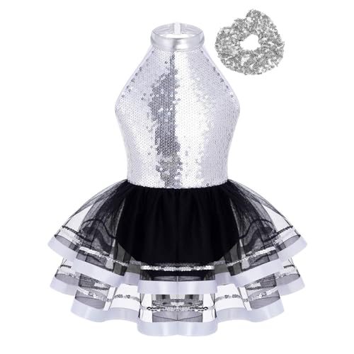 Jugaoge Vestido de ballet para niña, brillante, con goma para el pelo, gimnasia, leotardo con falda tutú, ropa de patinaje artístico, plata, 146-152