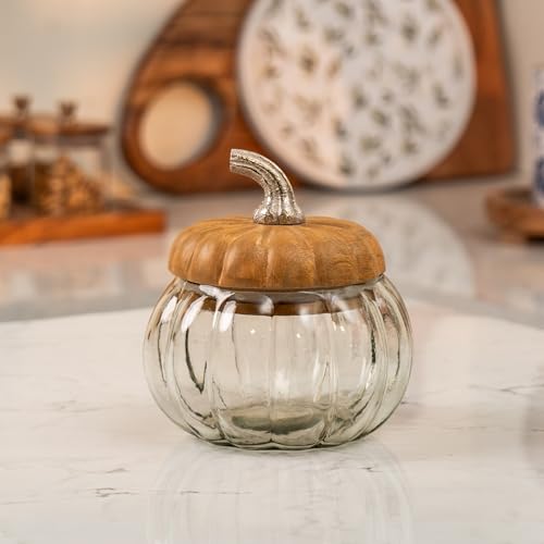 Image of Ember Glass Jar with Airtight Acacia Wood Lid | 650ml | 5.5 x 5.5 x 5.5 Inches | Handcrafted Glass Storage Jar for Cookies, Snacks, Candy, Spices & Dry Fruits | Decorative Kitchen Jar