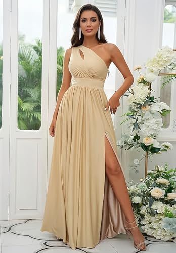 One Shoulder Chiffon Bridesmaid Dresses for Wedding Long Pleated Evening Gown with Slit4