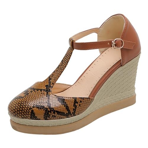 Alyaafifa High Heel Wedges Platform Espadrilles Pumps for Women Closed Round Toe Ankle Buckle Strap Heeled Sandals Office Lady Comfortable Matte Leather Dress Shoes