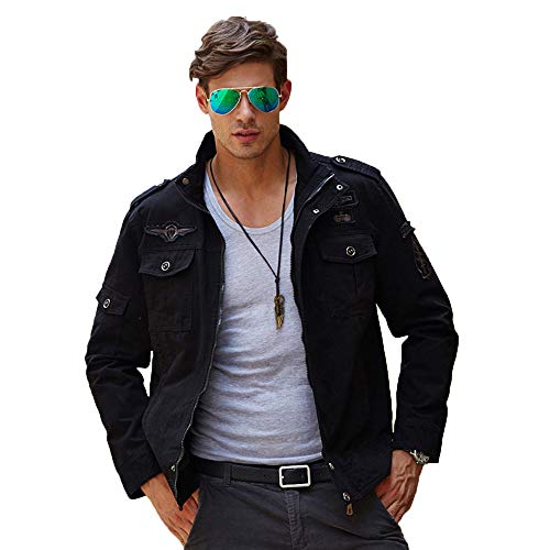 SSMENG Mens Tactical Military Jacket Casual Outdoors Zipper Cargo Long Sleeve Fashion Mountain Cycle Plus Size Outwear(Black,UK Size M = Tag L)