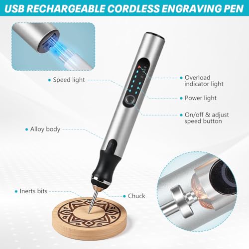 Image of Serplex Electric Engraving Pen with 37 Bits, 3 Gears Speed 5000-18000 RPM, USB Rechargeable Cordless Engraving Machine, Mini Rotary Tool DIY Rotary Engraver for Jewelry Wood Glass Stone Carving