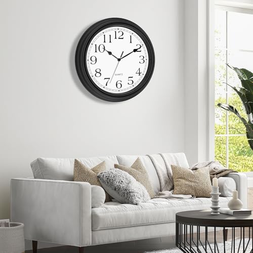 Image of Foxtop 14 Inch Wall Clock Battery Operated Silent Non-Ticking Round Classic Vintage Retro Wall Clock Decorative for Living Room Kitchen Home Office (Black)