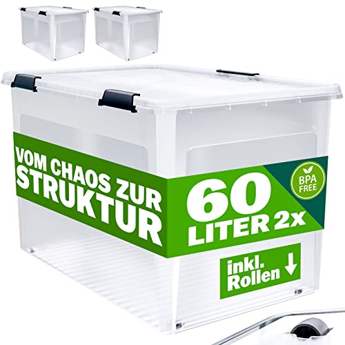 Deuba® 2X Cajas de Almacenamiento 60L Tapa Clips de Cierre Transparentes Almacenaje Juguetes Ruedas Apilable