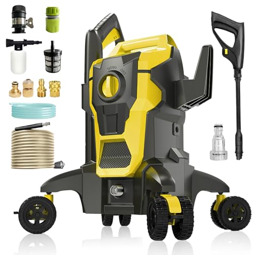 Power Pressure Washer, Max. 135 Bar, 420L/H Flow Rate, 10M High-Pressure Hose, with 4 Nozzles, Foam Jug, High-Pressure Gun for Patio Corner and Car Cleaning