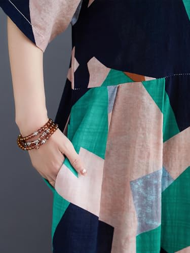 Image of Women Plus Size Color Block Dress Geometric Block Print Round Neck Side Pockets Casual Loose Dresses