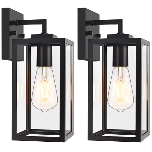 Image of Outdoor Wall Light Fixtures, Exterior Wall Lanterns, Black, 2-Pack, 12 In | Waterproof Outside Wall Sconce for Front Porch, Garage, Patio, Anti-Rust, Tempered Glass, E26(Bulbs Not Included)