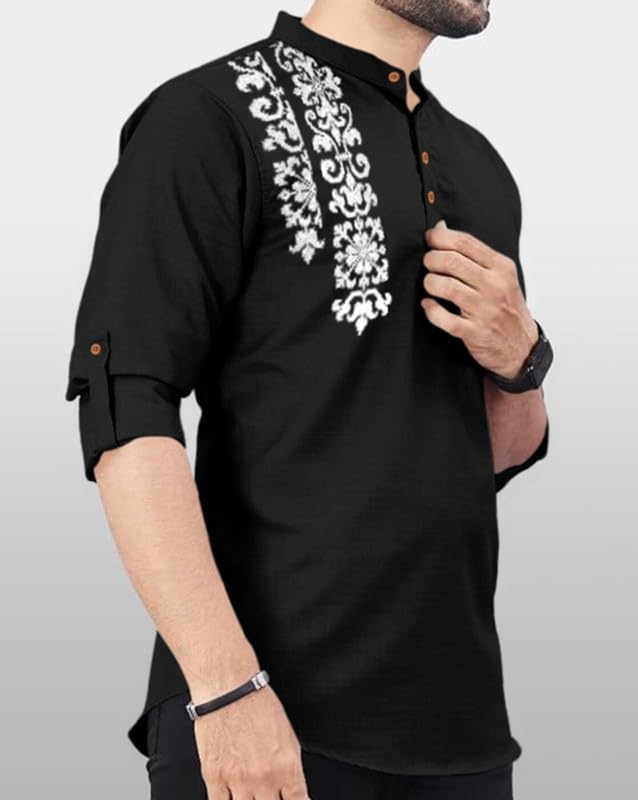 Image of FINIVO FASHION Men's Cotton Blend Kurta Style Shirt | Mandarin Collar Long Sleeve Casual Ethnic Shirt with Button Placket | Stylish Festival
