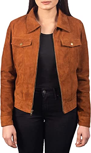 Women 100% Real Suede Leather Trucker Jacket Shirts | Classic Biker Motorcycle Collar Jacket with Zipper