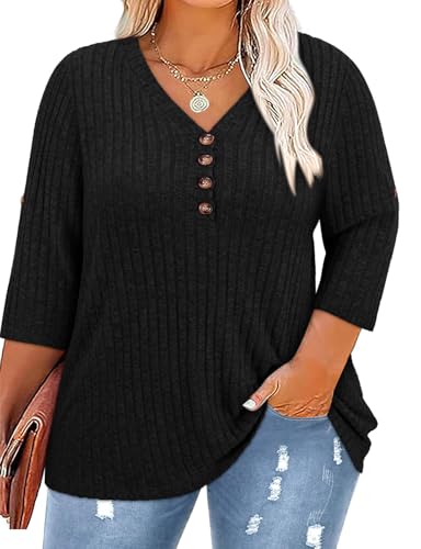 Gemulate Womens Clothing 3/4 Sleeve Jumpers Spring Summer Tshirts for Lady Tunika Damen Basic Herbst Langarmshirt Pullover gestreift Schwarz XXL