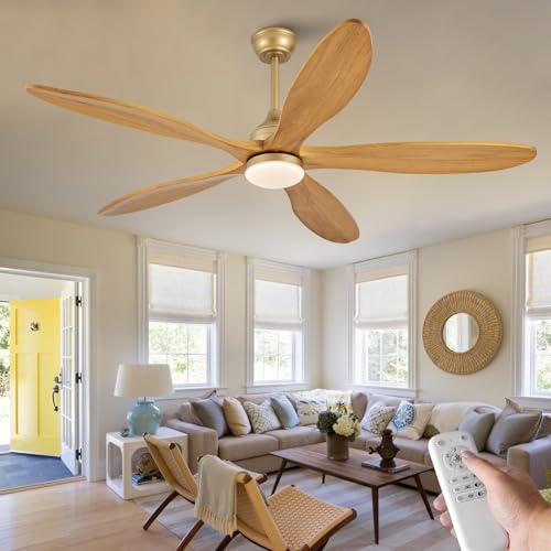 Image of Dimmable 60 Inch Large Outdoor Ceiling Fan with Light and Remote, Wood Big Ceiling Fans with Lights and Remote Gold 5 Blade Outdoor Ceiling Fans for Patios Bedroom Living Room, 6 Speed DC Motor