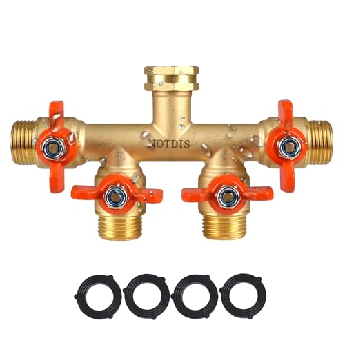 4 Way Brass Hose Splitter Full Flow with Metal Handle - Heavy Duty Spigot Splitter with Shut Off Valve, 3/4' GHT Garden Tap Connector