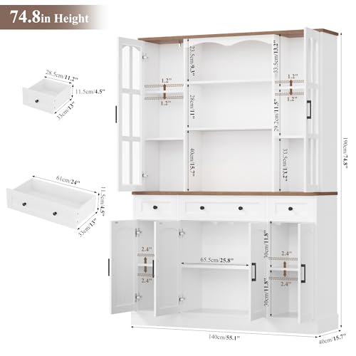 Keyluv 74.8\" H Tall Pantry Cabinet with Microwave Stand and 3 Drawers, Large Kitchen Hutch Storage Cabinet with Glass Door and Adjustable Shelves for Kitchen, Dining Room, Living Room, White
