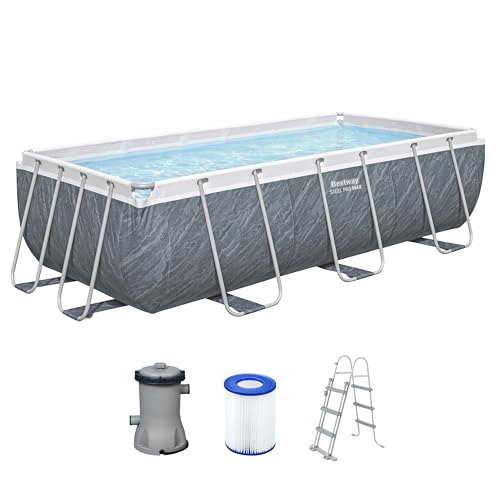 Bestway Power Steel Frame Pool Set mit Filterpumpe 404 x 201 x 100 cm, Marmor-Optik (Schiefergrau), eckig