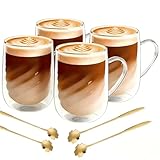 Bcuuozeeing 4er Set Latte Macchiato Gläser Doppelwandig 401-500ml Kaffeegläser mit Henkel und Löffeln, Glas-Kaffeetasse für Latte, Cappuccino, Teebeutel, heiße und kalte Getränke