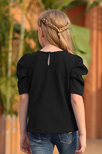 Image of GORLYA Girl's Puff Sleeve Casual Solid T-Shirt Pullover Keyhole Back Blouse Tops for 4-14T Kids