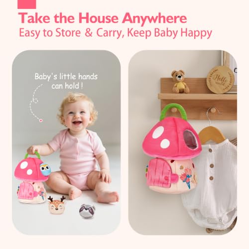 Image of hahaland Baby Toys 6-12 Months - 6 7 8 9 10 Month Old Girl Montessori Toys | My First Mushroom House with Stuffed Jungle Animals, Rattle, Crinkle Paper, Mirror, Sensory Toy Baby Girl Gifts