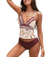 ZAFUL Tankini Sets for Women Tummy Control Ruched Push Up V Neck Tops Mid Waist Bottom Two Piece ...