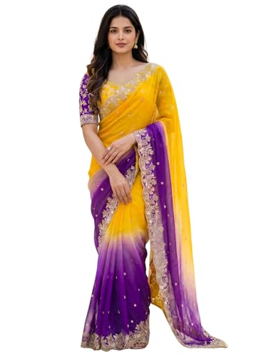 Image of Amazon Brand - Tavasya Fancy Fendy Satin Silk Saree with Multi Sequence Embroidery Work | Heavy Embroidered Wedding Party look Saree with Running Blouse Piece