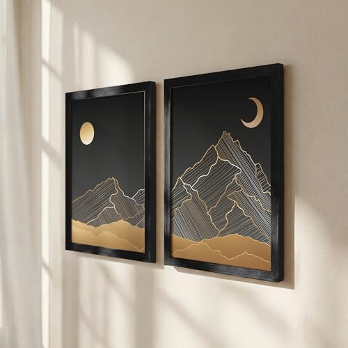 Image of NoWorries Golden Sun & Moon illustration line art Wall paintings for Home decoration (13x19inches) (Line Art) Set of 2 Big framed posters (Art-6)