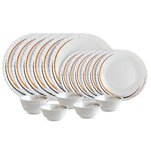 Cello Opalware Dazzle Series Golden Arc Dinner Set, 18 Units | Opal Glass Dinner Set for 6 | Light-Weight, Daily Use Crockery Set for Dining | White Plate and Bowl Set