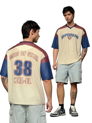 T-shirt Superman crème col V pour le streetwear décontracté des hommes et garçons