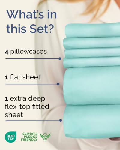 Image of Flex Top Split Head King 6 Piece Sheet Set - Soft & Cooling - Spa Blue | Ultra Soft Hotel Luxury Bedding Set w / 8-16 Inch Deep Pockets, 1 Flat & 1 Split-Head Fitted Sheet & 4 Pillowcases, Fade Free
