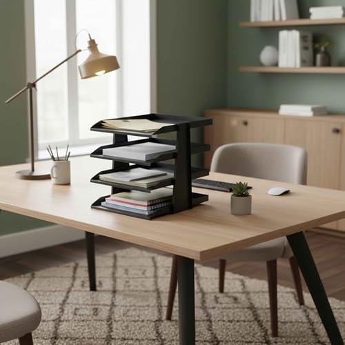 SteelLine 4 Katlı Metal Dosya Rafı - Masa Üstü Ultra Sağlam Ofis Organizer (29.5x30.5x25cm) (Siyah)