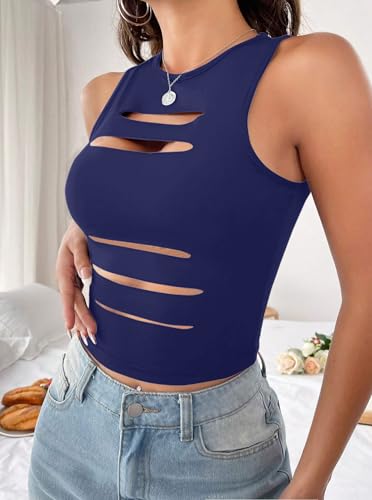 Image of LovelyWholesale Women Sexy Cut Out Crop Tank Tops Crew Neck Summer Sleeveless Top