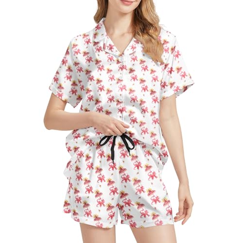 Image of Silk Satin Pajama Set for Women Summer Lounge Pjs Sets 2 Piece Suit Ladies Button Down Tops And Shorts Sleepwear