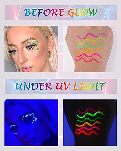 UV Glow Neon Liquid Eyeliner Set-6 Colors Matte Rainbow Eye Liner Pen, Colored Luminous Neon Eyeliner, Waterproof Smudge Proof, High Pigmented Colorful Eyeliner for Women Girl Rave Halloween Makeup